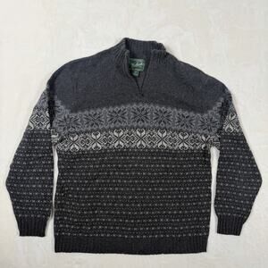 Woolrich Mens L Quarter Zip Sweater Charcoal Fair Isle Merino Wool Blend Nordic